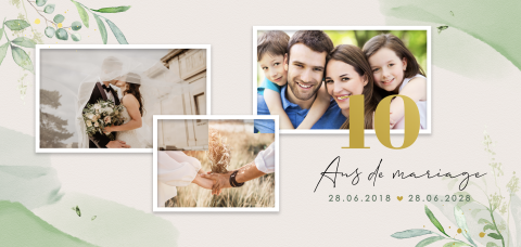 Invitation anniversaire mariage avec photos et branches à l'aquarelle