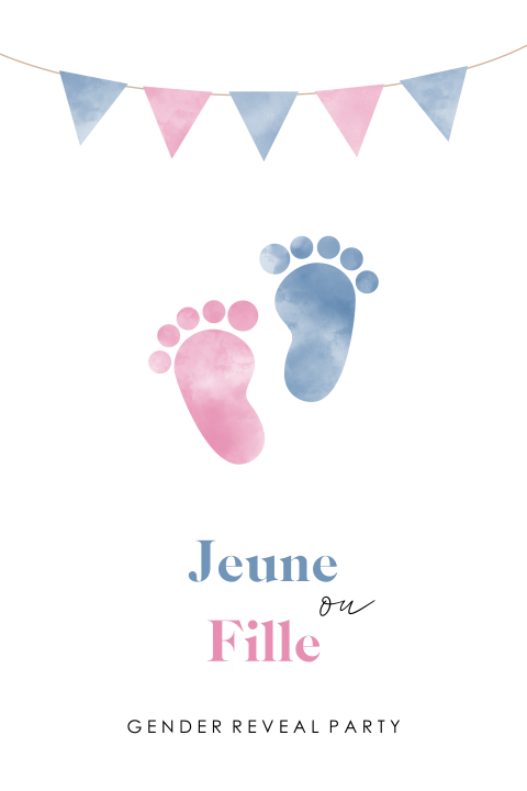 Carte d'invitation de révélation de genre avec des empreintes de bébé