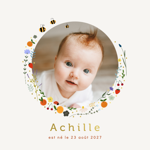 Faire-part de naissance avec des fruits et fleurs et nom doré