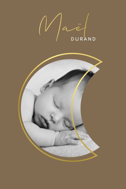 Faire-part de naissance avec photo en lune et finitions dorées