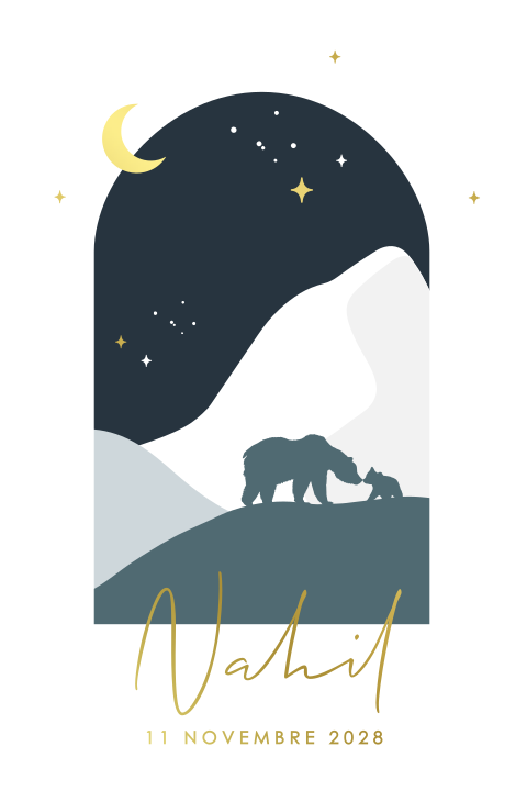 Faire-part de naissance avec ours et détails en dorure