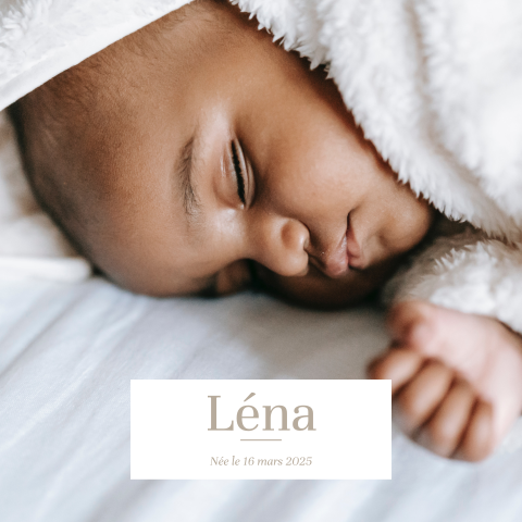 Faire-part de naissance avec grande photo et nom en beige