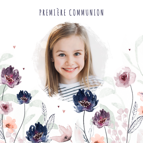 Faire-part de communion floral avec photo et fleurs d'aquarelle
