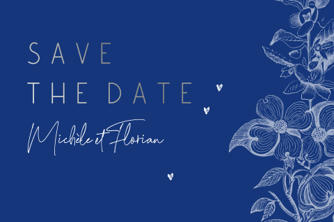 Save the date avec un fond bleu et des fleurs aux traits blancs