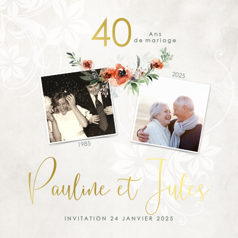 Invitation pour les noces d'émeraude avec photos, fleurs et dorure