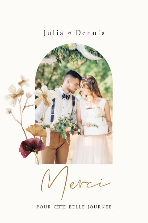 Carte de remerciement élégante avec photo et fleurs séchées