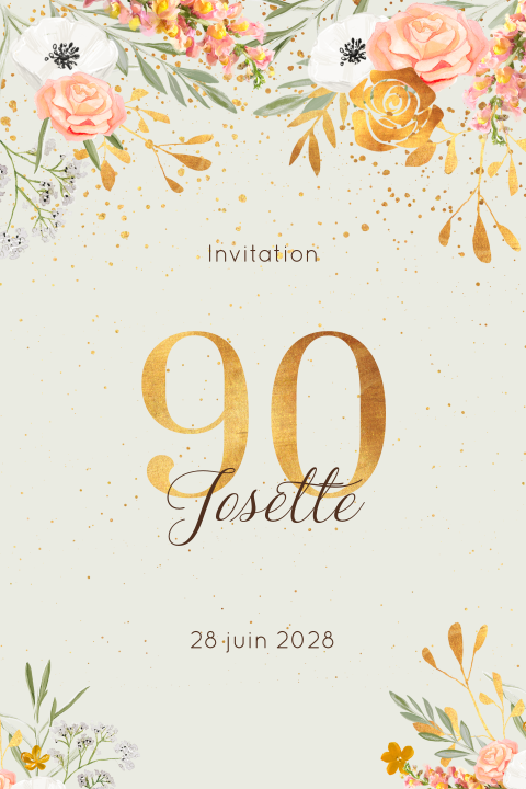 Invitation d'anniversaire élégante pour les 90 ans avec des fleurs