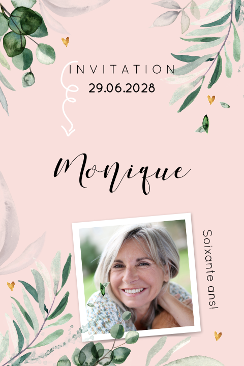 Carte d'invitation tendance avec des feuillages et une photo