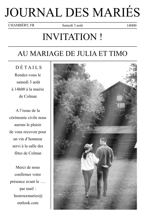 Faire-part de mariage original dans un style de journal