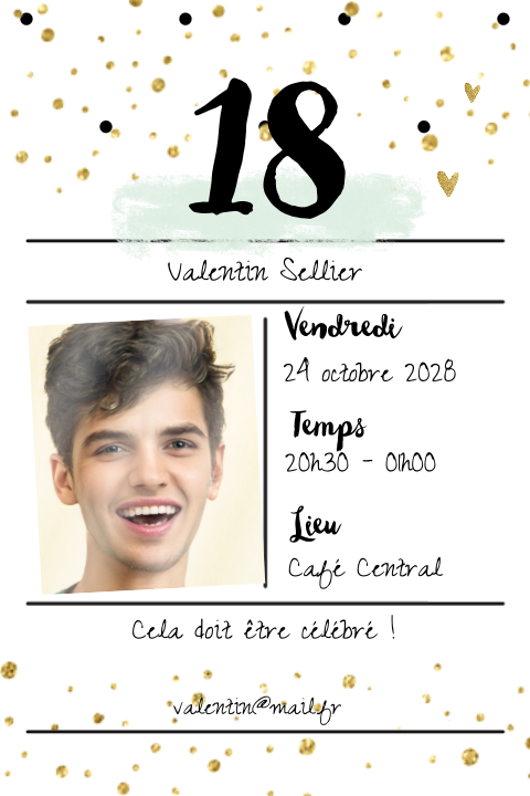 Carte d'invitation moderne pour les 18 ans avec photo et confettis