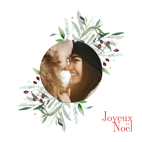Carte de Noël avec une photo ronde et des branches