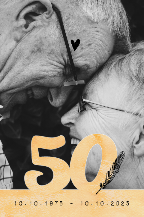 Invitation pour des noces d'or avec photo et chiffres 50 en jaune