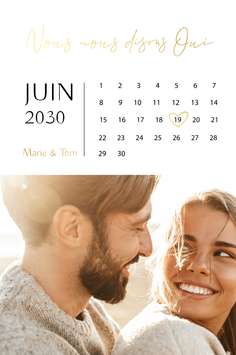 Faire-part de mariage moderne avec calendrier et photo
