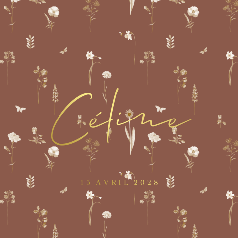 Faire-part de naissance marron avec dorures et fleurs beiges