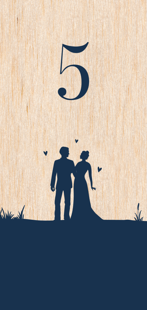Marque-table avec silhouettes en bleu sur support bois