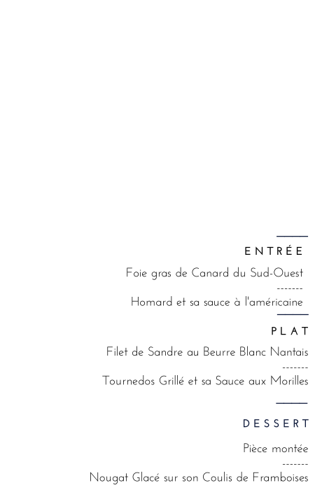 Menu minimaliste avec un fond blanc et écriture noire