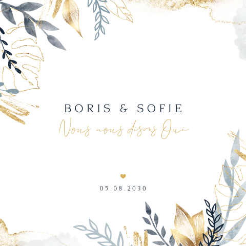 Faire-part de mariage avec feuillage bleu et or