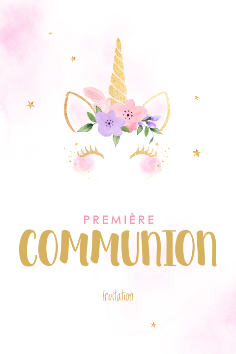 Joli faire-part de communion avec licorne et aquarelle rose