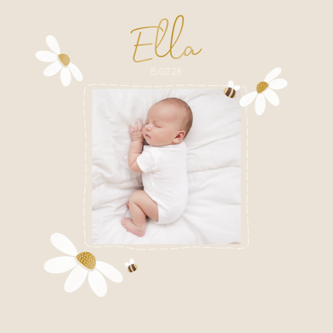 Faire-part de naissance beige avec marguerites et abeilles