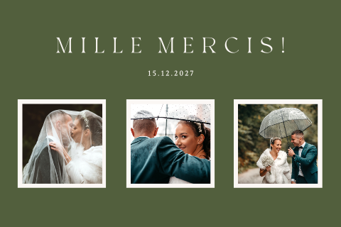 Carte de remerciement mariage avec trois photos sur fond vert