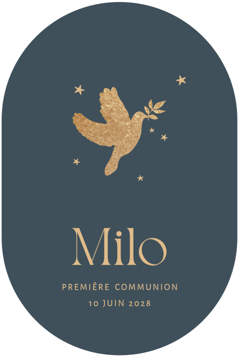 Faire-part de communion ovale avec colombe en or sur fond bleu foncé