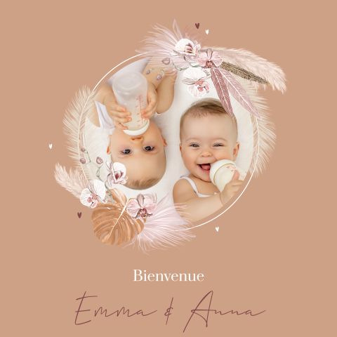 Faire-part naissance pour des jumelles avec un joli cadre photo