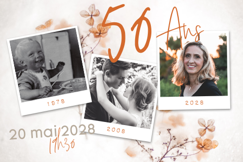 Invitation d'anniversaire avec des polaroïds et écriture en vernis