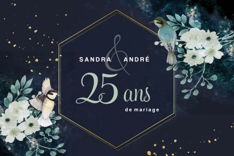 Carte d'anniversaire mariage avec fleurs et oiseaux sur bleu foncé