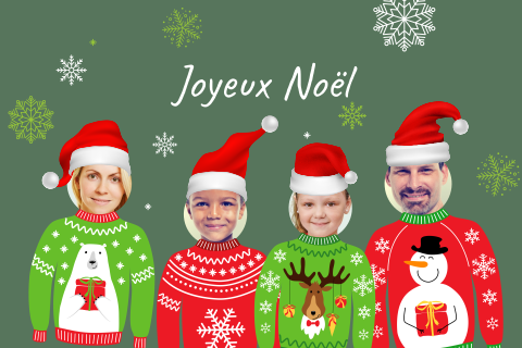 Carte de Noël avec photos et flocons de neige sur fond vert