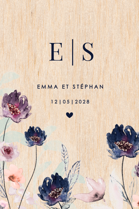 Faire-part de mariage élégant en bois avec des fleurs aquarelles