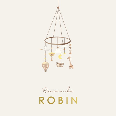 Faire-part de naissance beige avec mobile et dorures