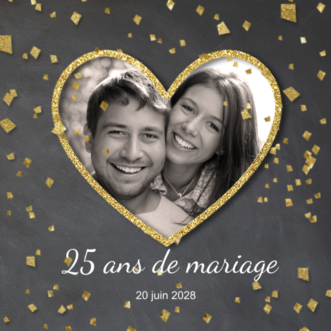 Invitation de noces d'argent avec un cadre photo en cœur et confettis