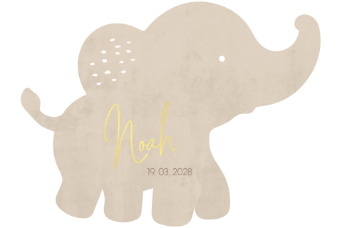 Faire-part de naissance unisex en forme d'éléphant beige et dorure