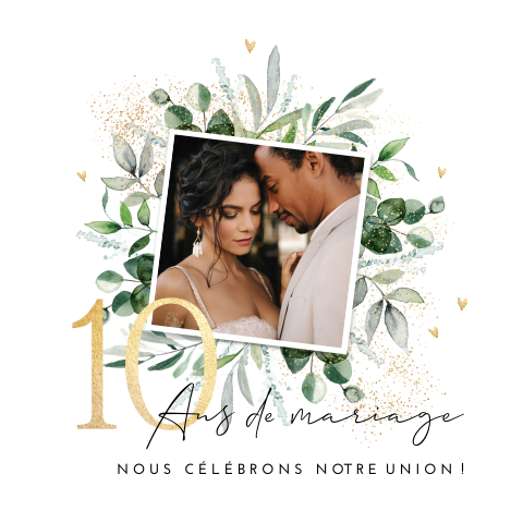 Invitation noces d'etain avec photo et feuilles et détails jaune-or