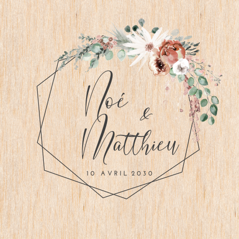 Faire-part de mariage en bois avec géométrie et bouquet de fleurs