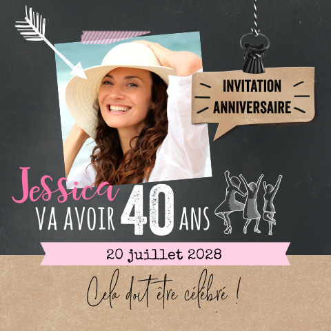 Invitation moderne pour les 40 ans avec photo sur fond de tableau noir