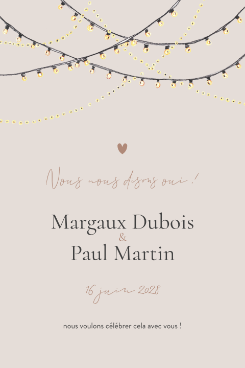 Faire-part de mariage beige avec guirlandes lumineuses à l'aquarelle