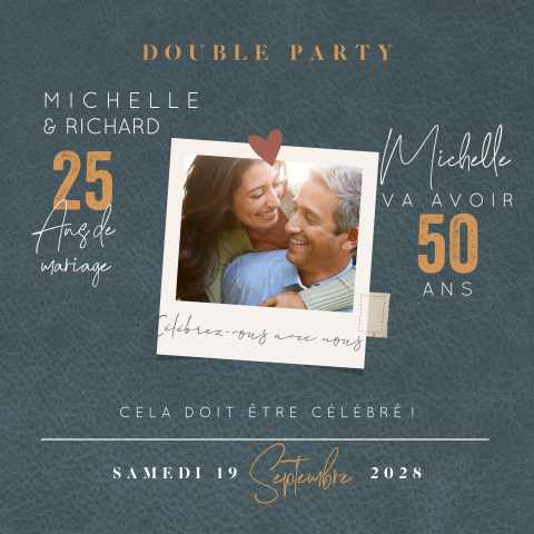 Carte d'invitation moderne à une double fête sur fond aspect cuir