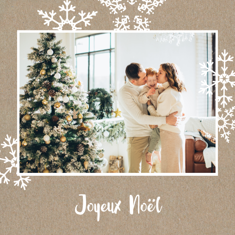 Carte de Noël avec des flocons de neige et une photo