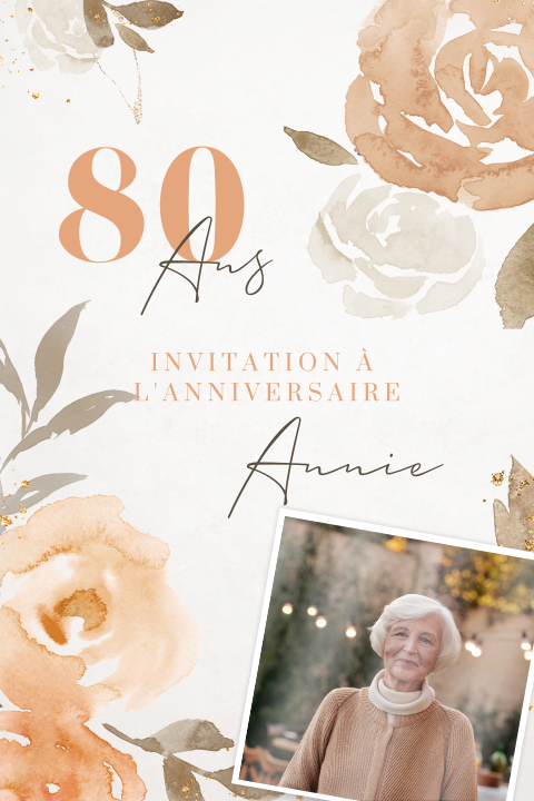 Carte d'invitation pour les 80 ans avec une photos et des roses