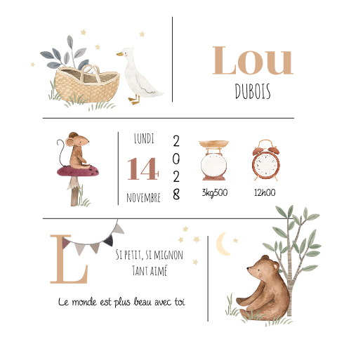 Faire-part de naissance avec de jolies illustrations d'animaux