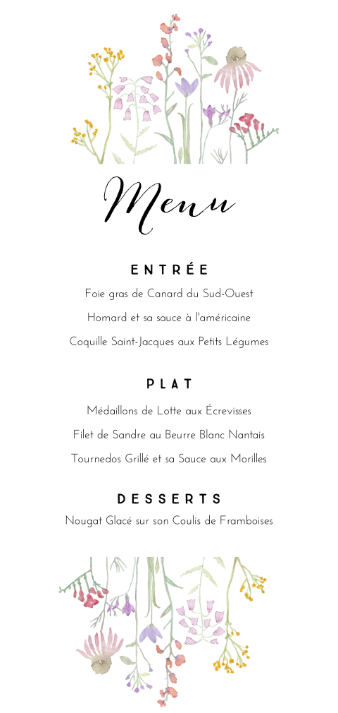 Menu champêtre parsemé de fleurs aux teintes variées