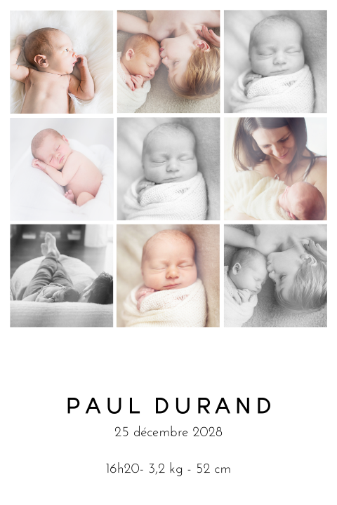 Faire-part de naissance avec photo-collage en noir et blanc