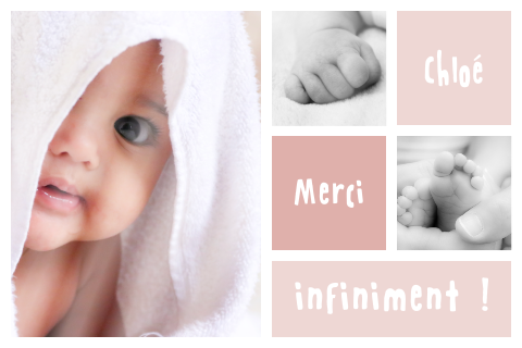 Carte de remerciement en rose avec de nombreuses photos