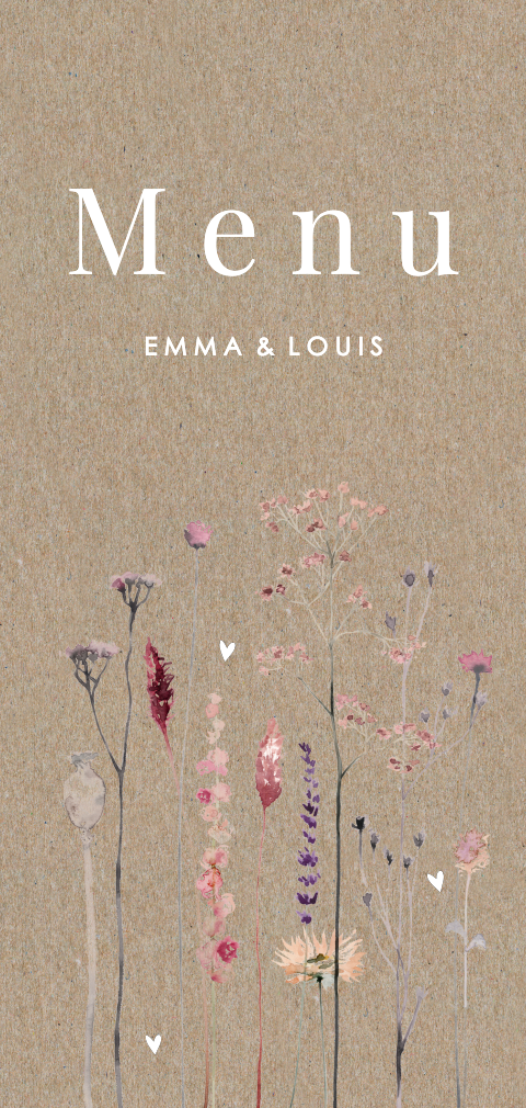 Menu en papier kraft avec des fleurs printanières