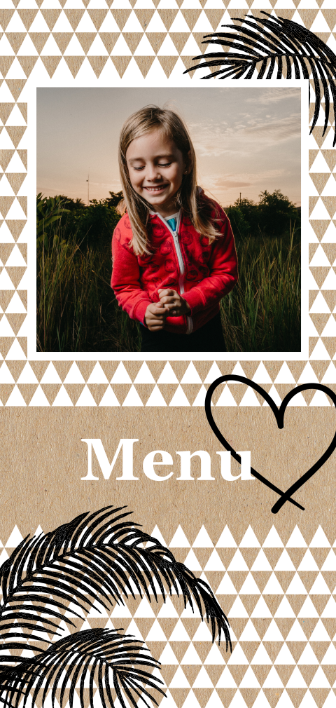 Menu communion avec feuillages, coeurs et motif triangulaire
