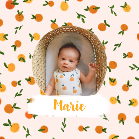 Faire-part de naissance fille avec oranges et photo