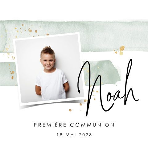 Faire-part de communion avec photo et rayures d'aquarelle verte