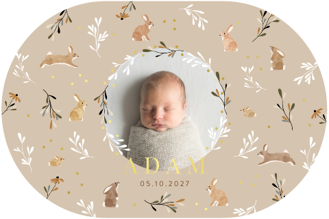 Faire-part de naissance original avec des lapins et feuillages