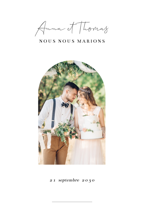 Faire-part de mariage simple en blanc avec une photo en arche